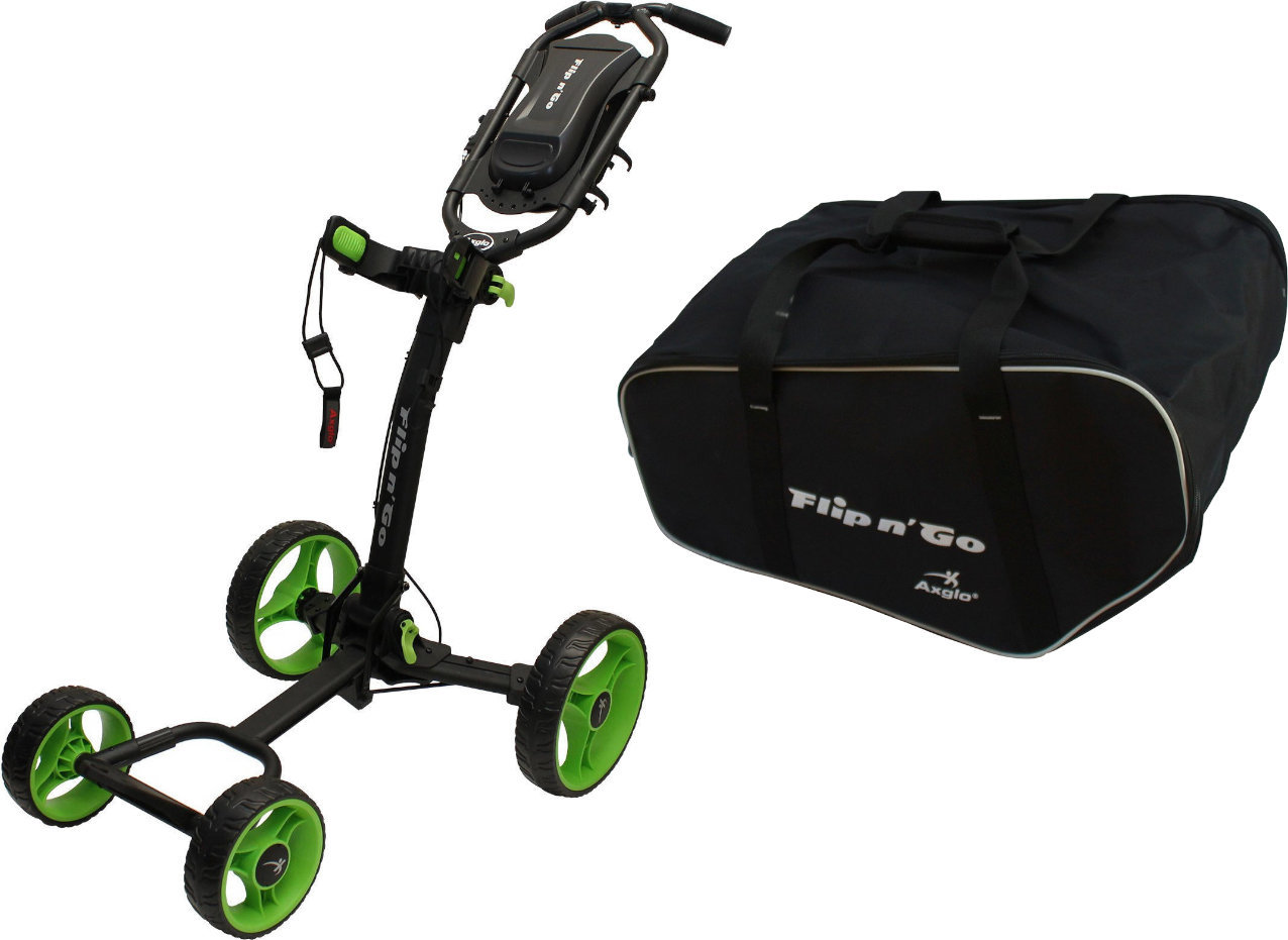 Ръчна количка за голф Axglo Flip N Go 4 Wheel Trolley Black/Green SET Ръчна количка за голф