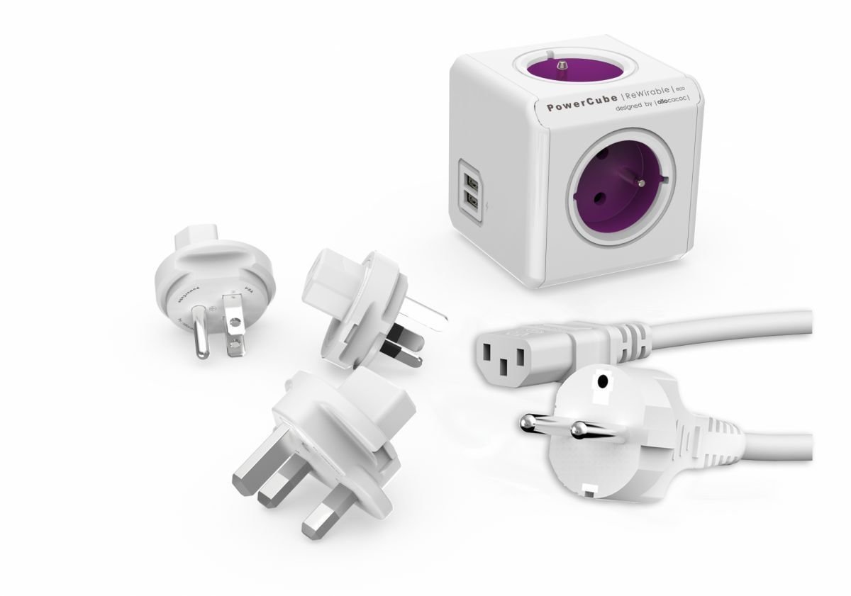 Voedingskabel PowerCube ReWirable USB + Travel Plugs + IEC Paars