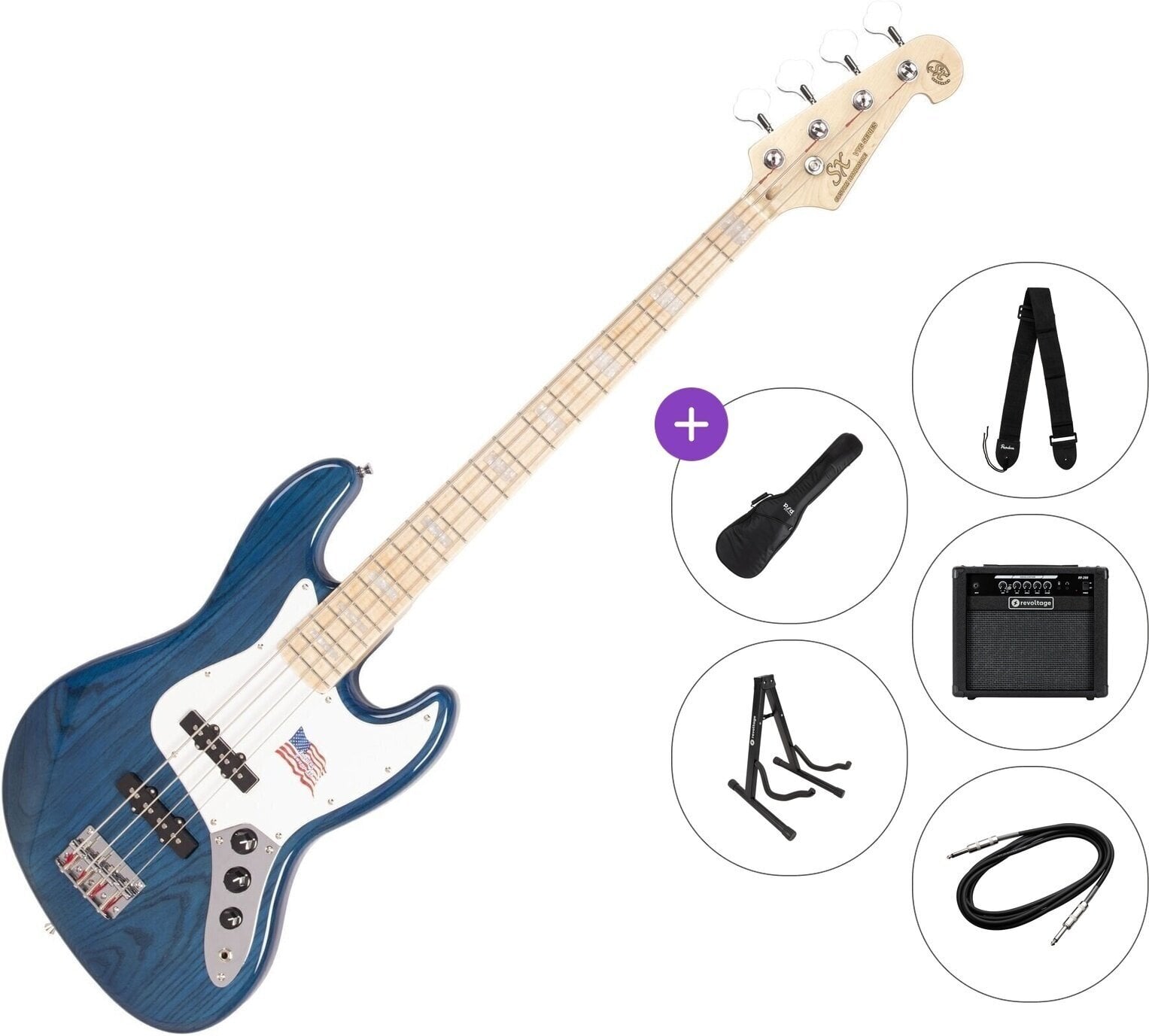 Bajo de 4 cuerdas SX SJB75 Premium SET Trans Blue Bajo de 4 cuerdas