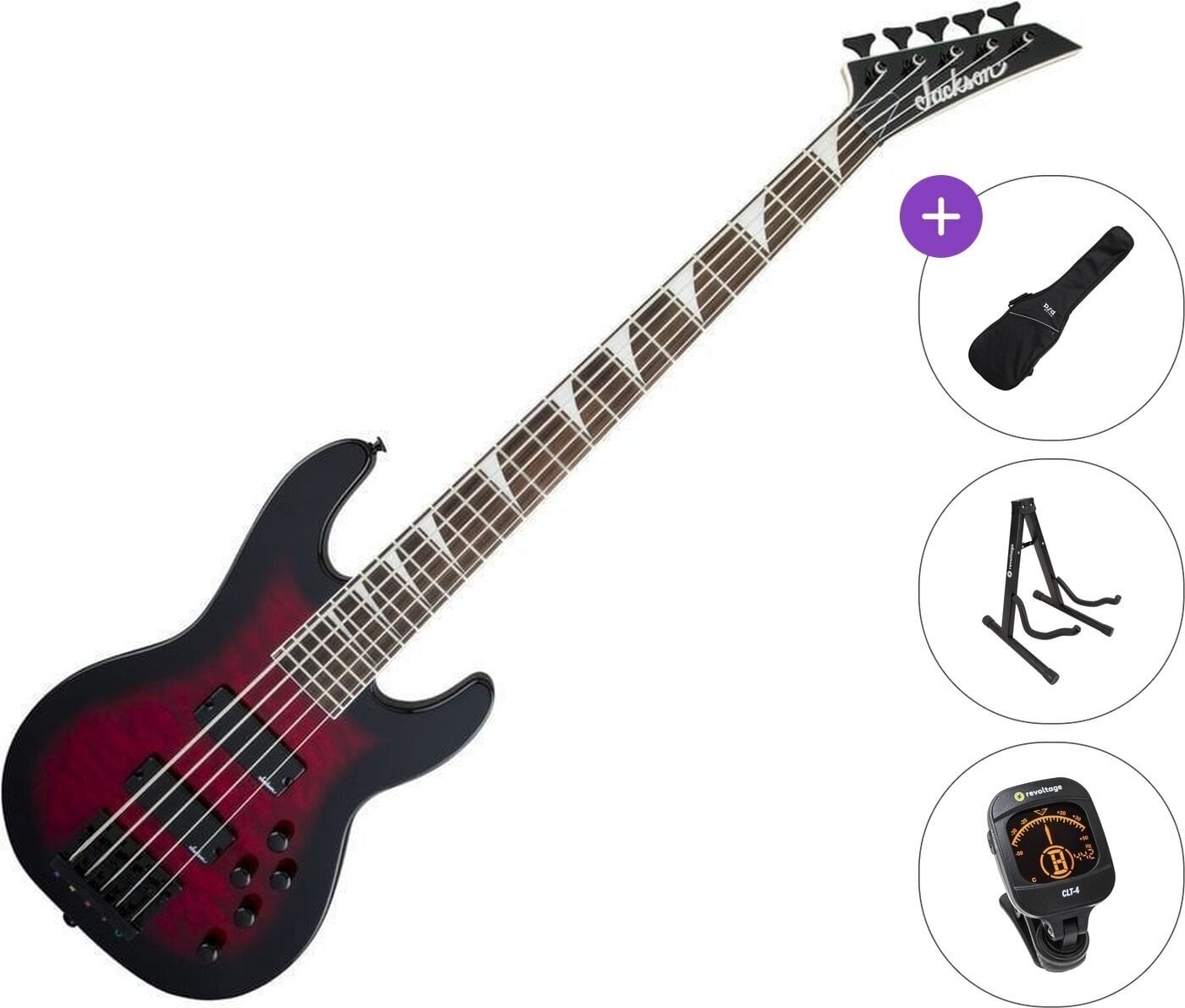 5-strenget basguitar Jackson JS Series Concert Bass JS3VQ AH Standard SET Transparent Red Burst 5-strenget basguitar