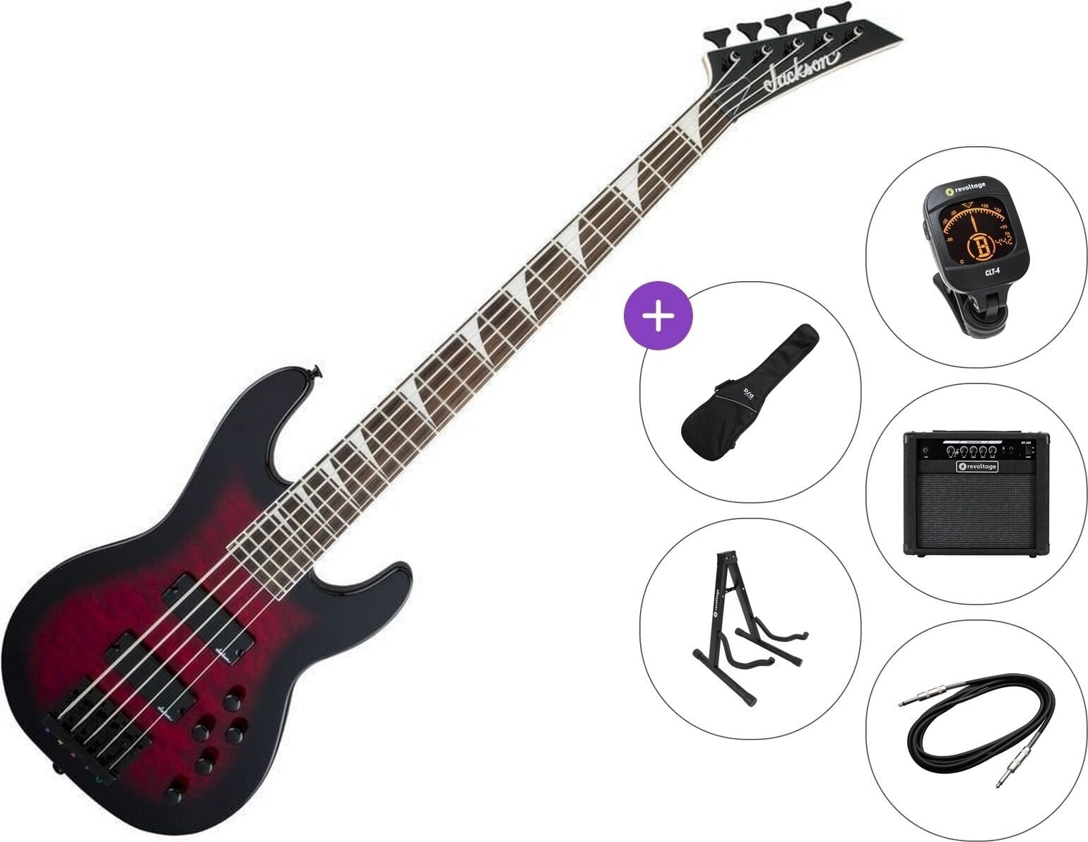 5-strenget basguitar Jackson JS Series Concert Bass JS3VQ AH Premium SET Transparent Red Burst 5-strenget basguitar