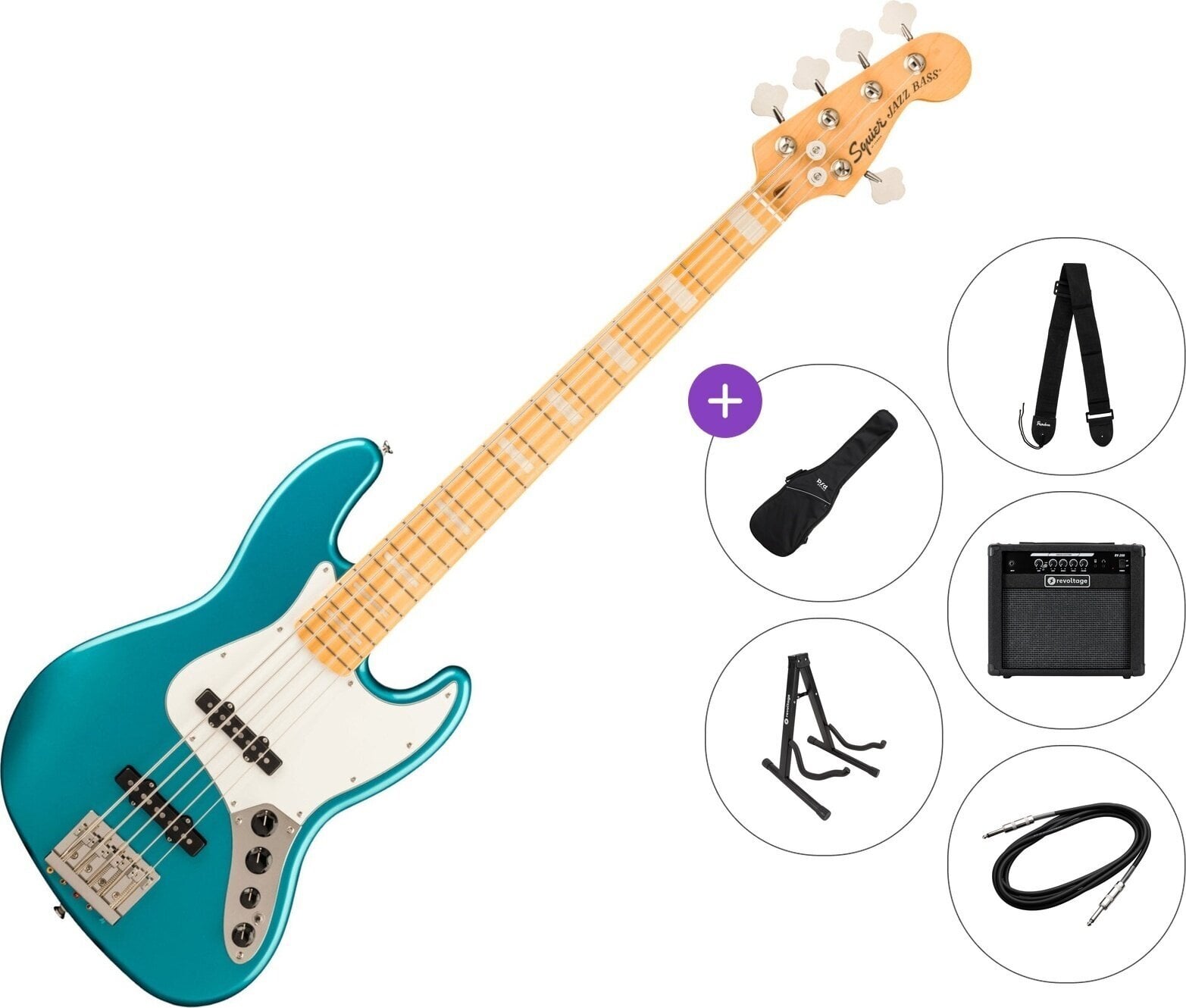 5-strenget basguitar Fender Squier Classic Vibe Active '70s Jazz Bass V MN Premium SET Ocean Turquoise 5-strenget basguitar