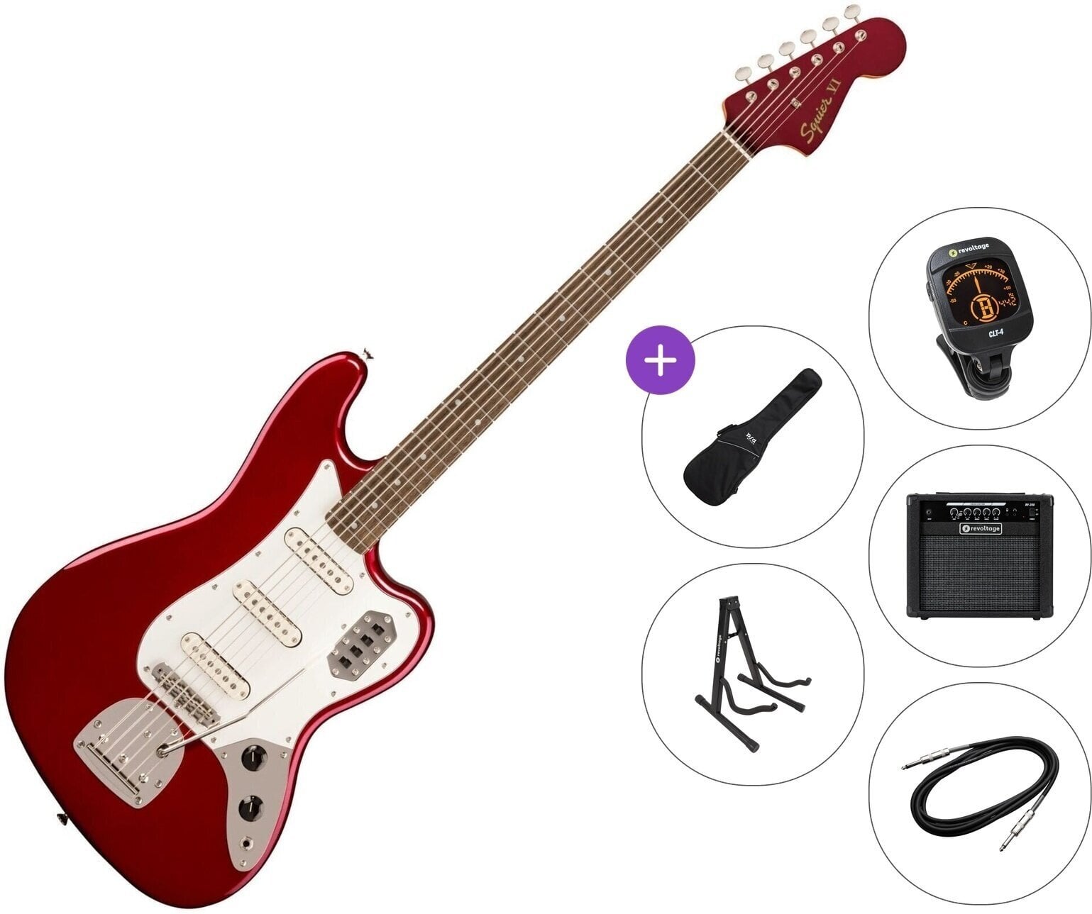 6 strunska bas kitara Fender Squier FSR Classic Vibe Bass VI LRL Premium SET Candy Apple Red 6 strunska bas kitara