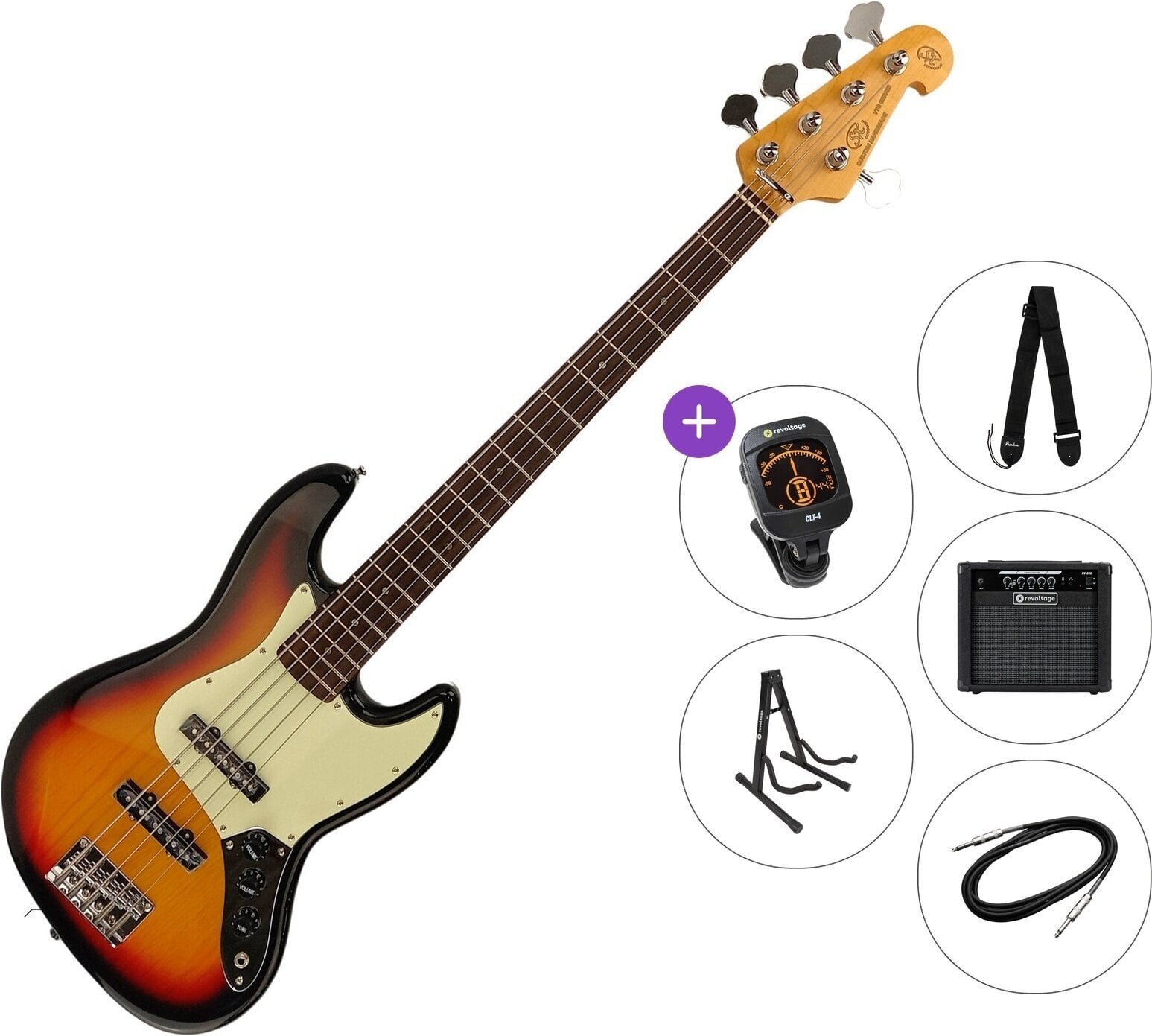5 strunska bas kitara SX SJB62/5 Premium SET 3-Tone Sunburst 5 strunska bas kitara