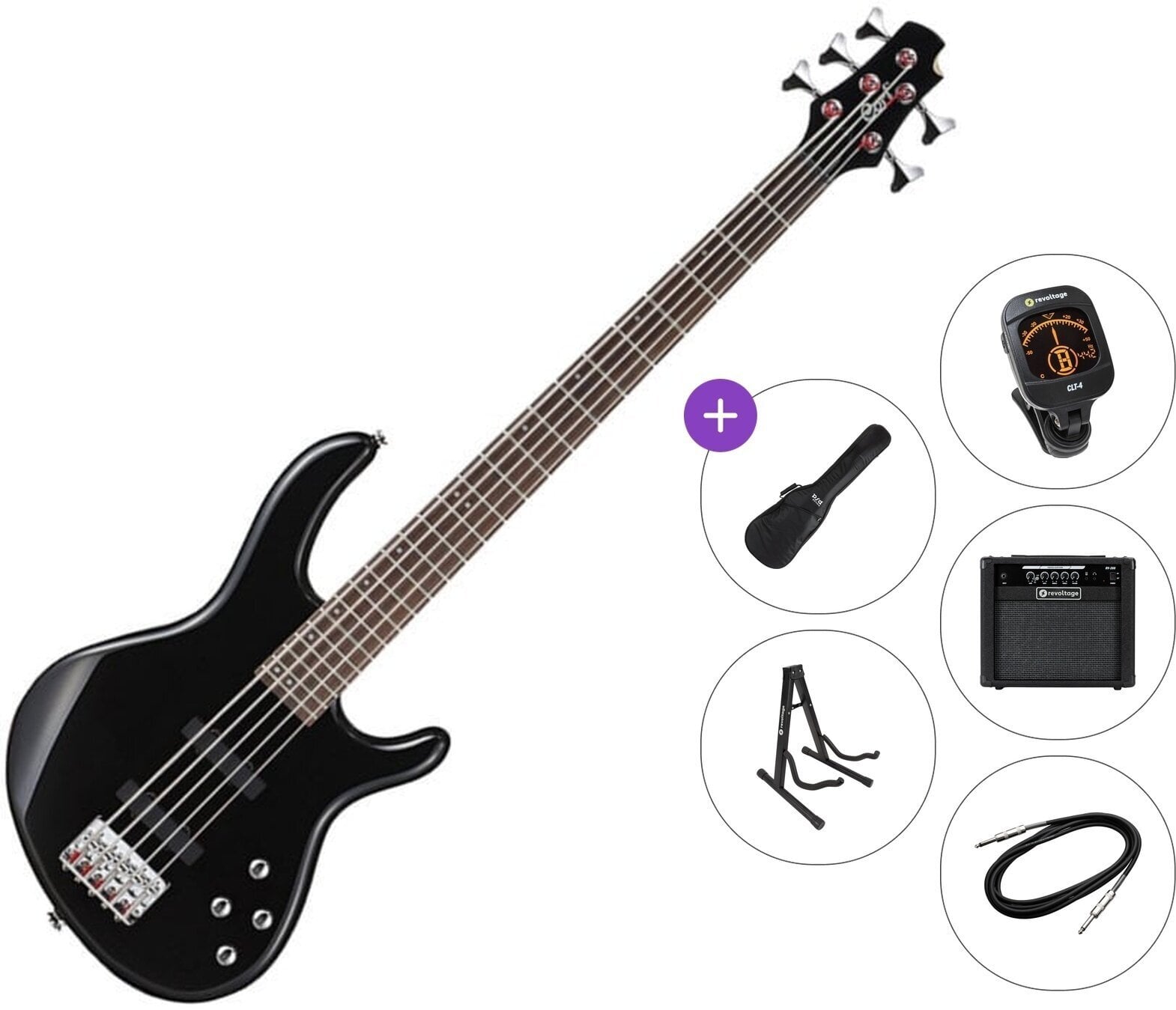 5-snarige basgitaar Cort Action Bass V Plus Premium SET Black 5-snarige basgitaar