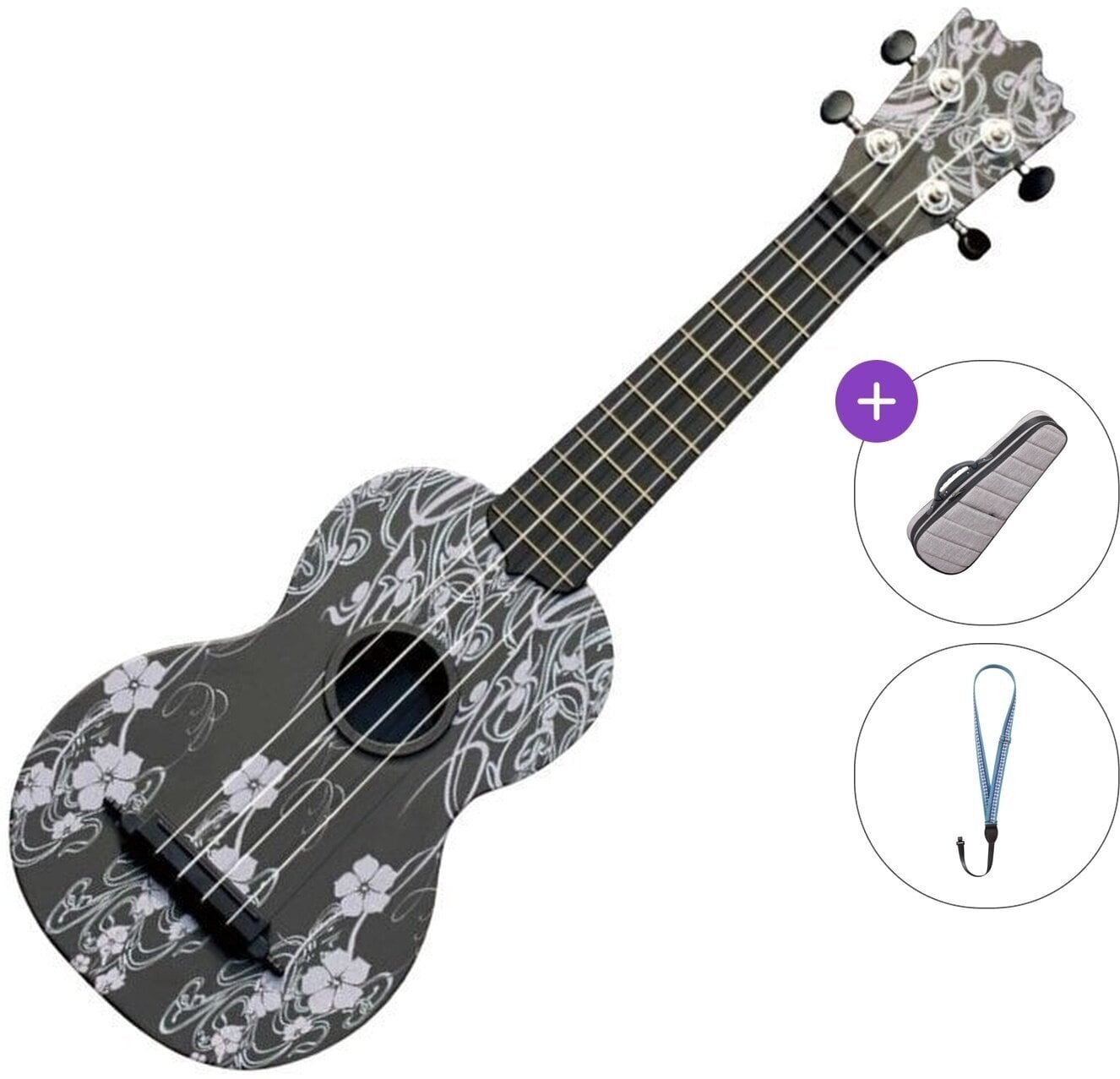 Sopran Ukulele Pasadena WU-21F7-BK Basic SET Floral Black Sopran Ukulele