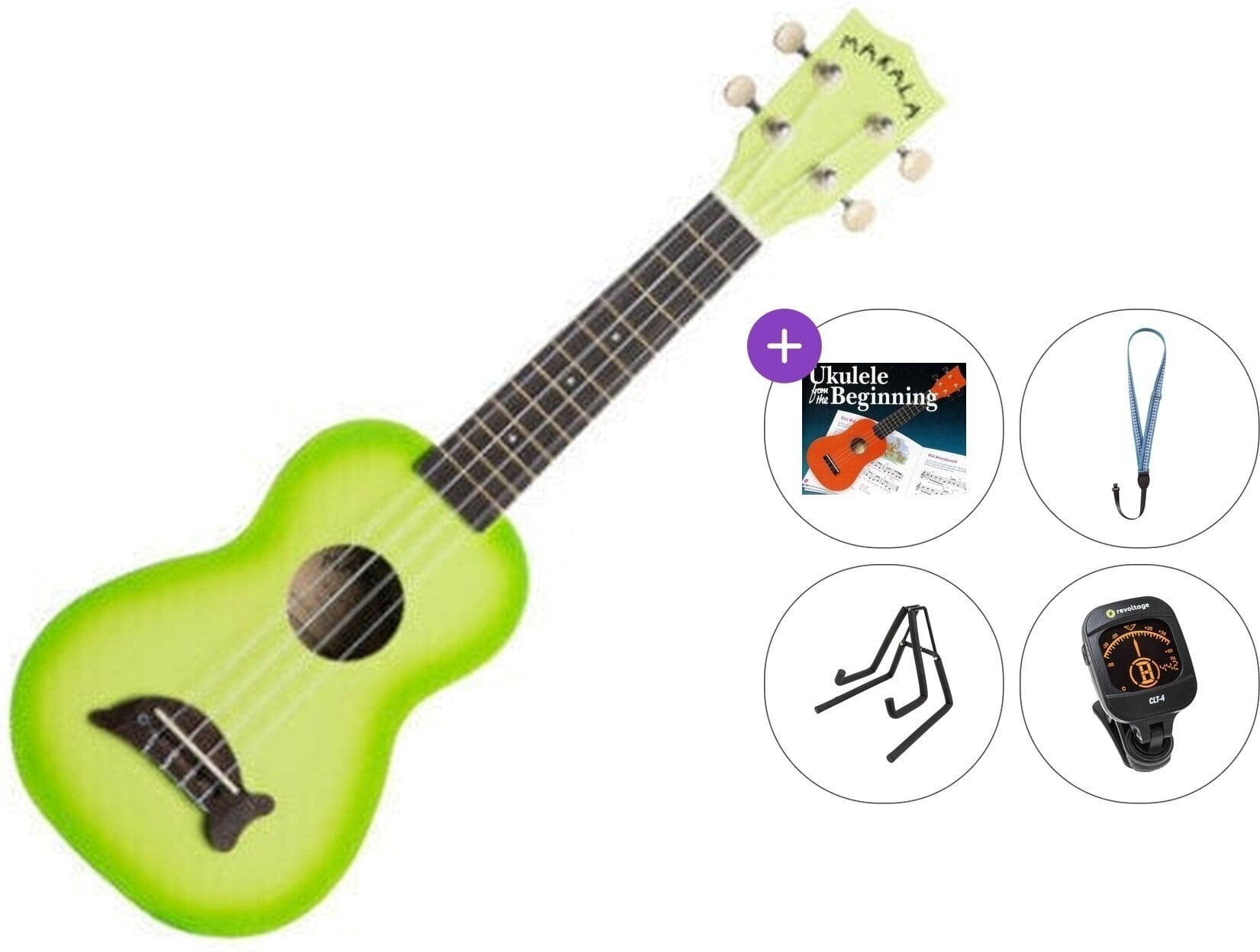 Sopránové ukulele Kala Makala Dolphin Premium SET Green Apple Burst Sopránové ukulele