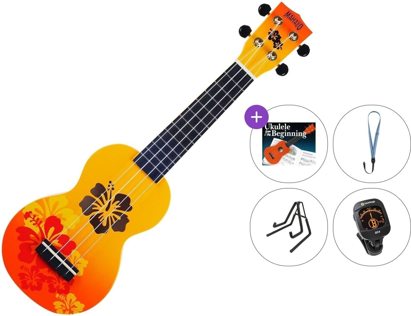 Soprano Ukulele Mahalo Hibiscus Premium SET Hibiscus Orange Burst Soprano Ukulele
