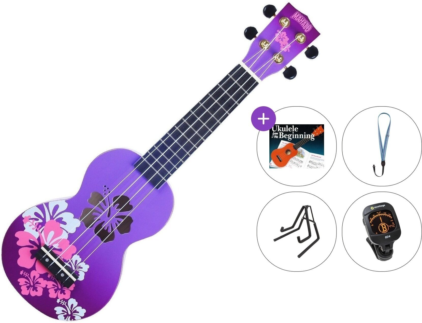 Sopran Ukulele Mahalo Hibiscus Premium SET Hibiscus Purple Burst Sopran Ukulele