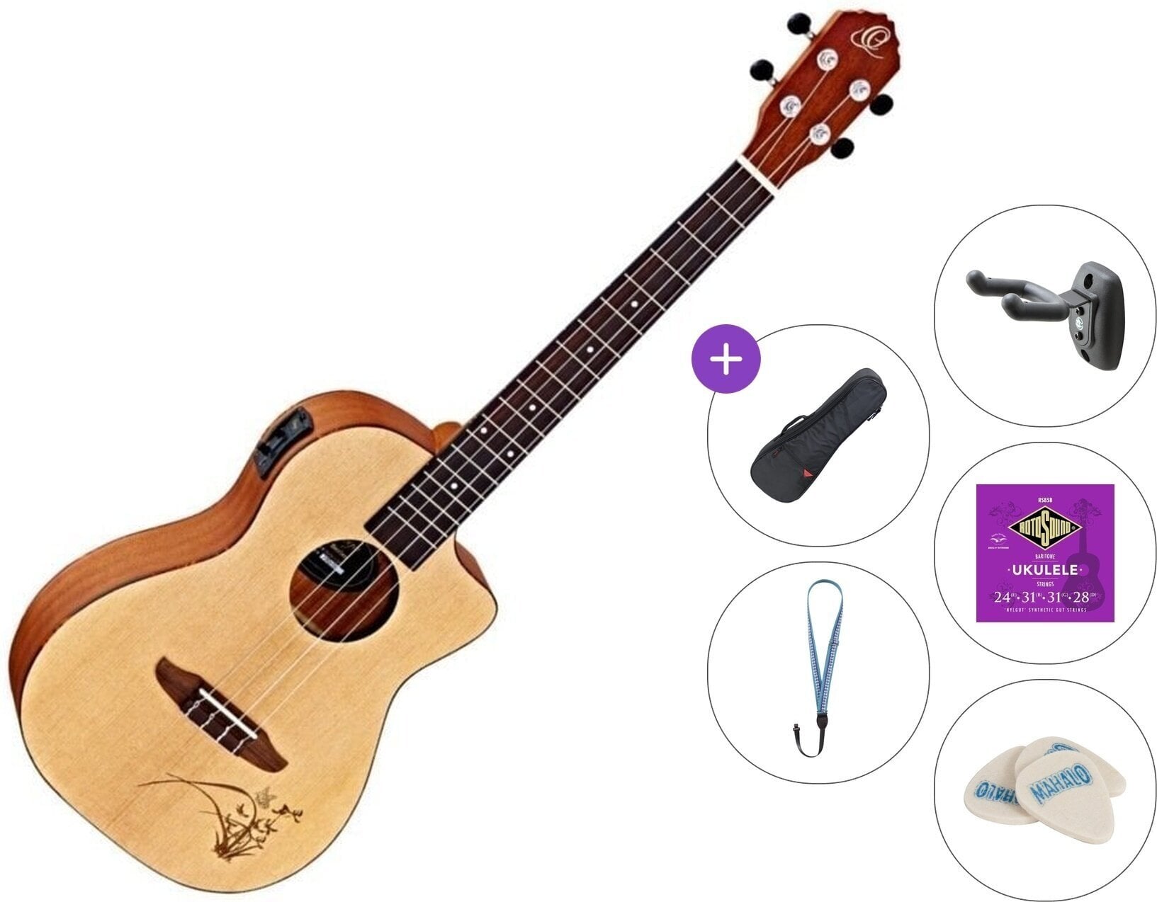 Bariton Ukulele Ortega RU5CE-BA Premium SET Natural Bariton Ukulele