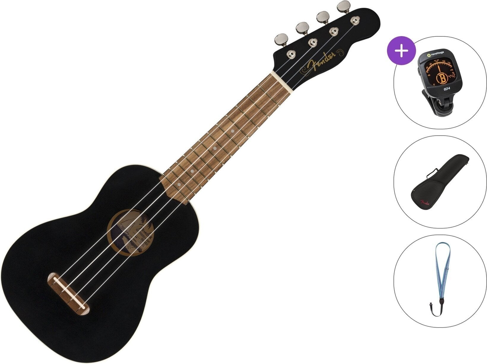 Soprano Ukulele Fender Venice WN BK Standard SET Black Soprano Ukulele