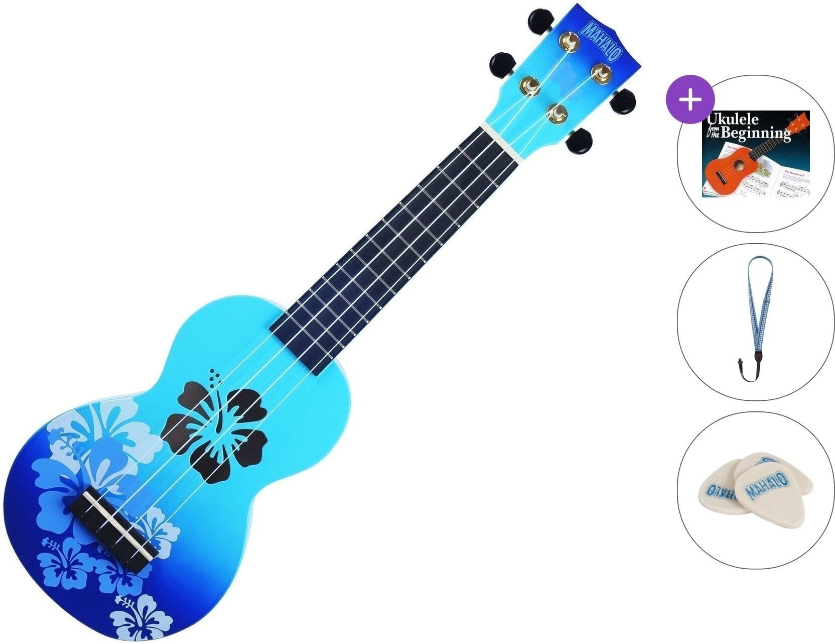 Soprāna ukulele Mahalo Hibiscus Standard SET Hibiscus Blue Burst Soprāna ukulele