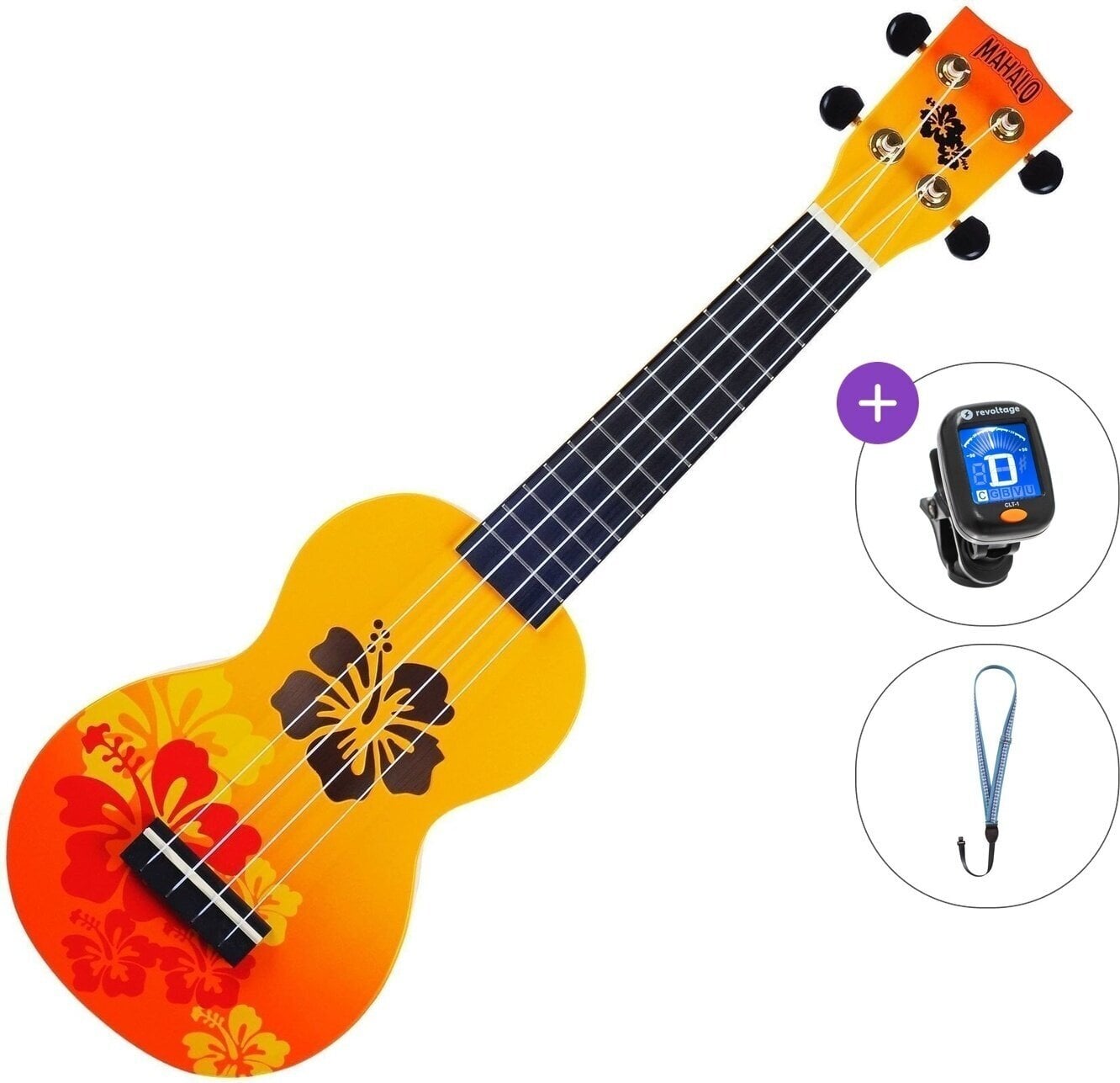 Soprano Ukulele Mahalo Hibiscus Basic SET Hibiscus Orange Burst Soprano Ukulele
