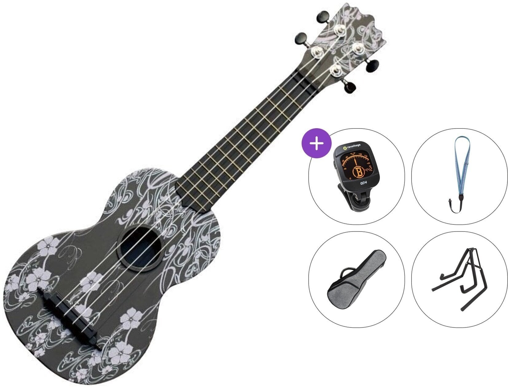 Sopraninė ukulelė Pasadena WU-21F7-BK Premium SET Floral Black Sopraninė ukulelė