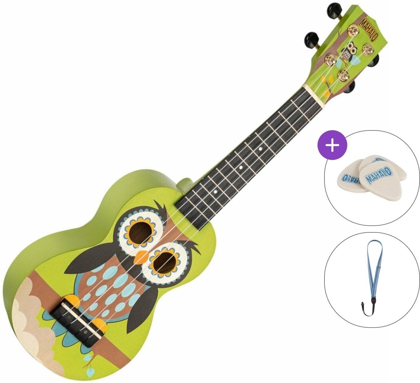 Sopran ukulele Mahalo MA1WL Art Series Basic SET Owl Sopran ukulele