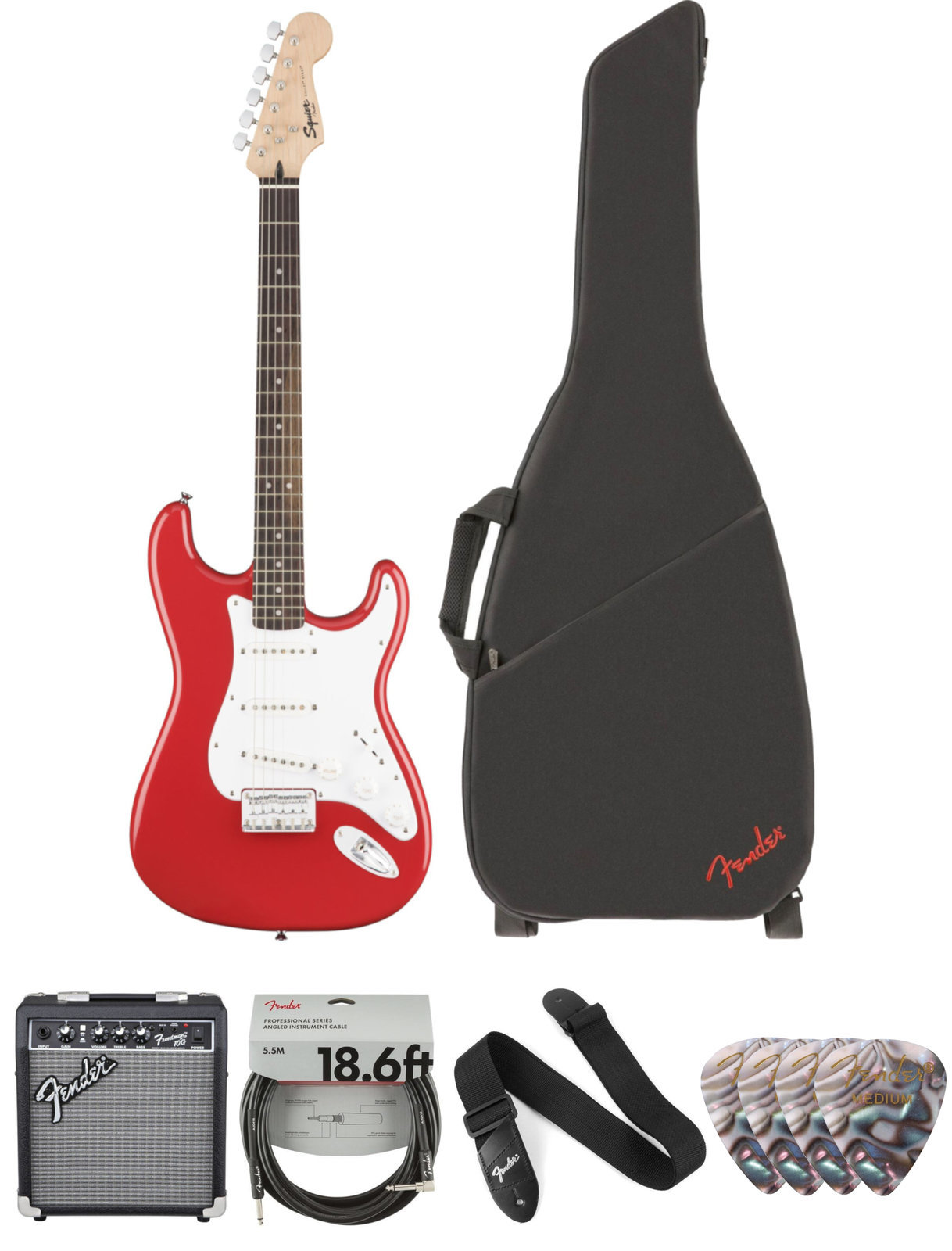 Elektromos gitár Fender Squier Bullet Stratocaster HT IL Fiesta Red Deluxe SET Fiesta Red