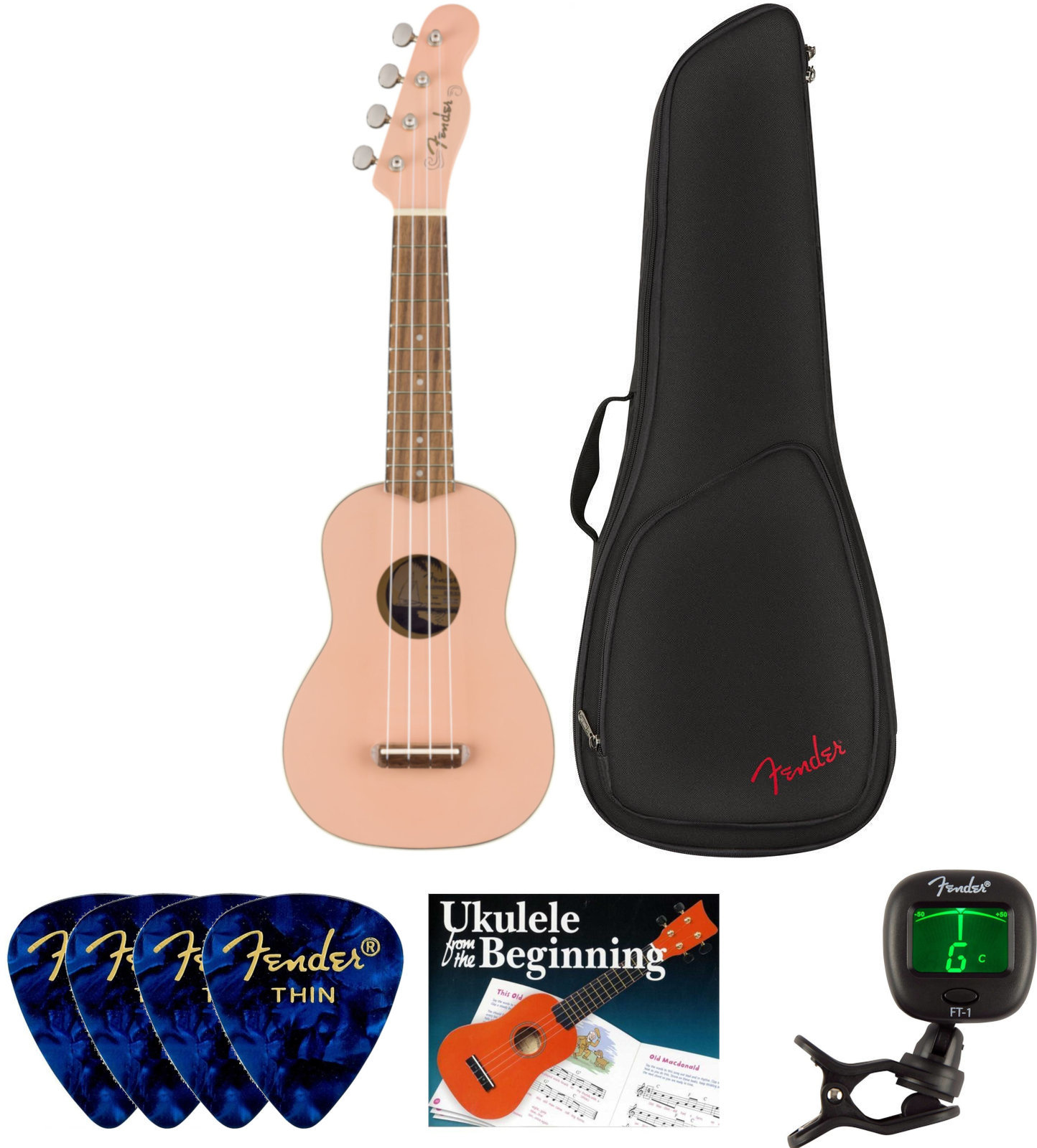 Sopránové ukulele Fender Venice Soprano Ukulele WN Shell Pink SET Sopránové ukulele Shell Pink