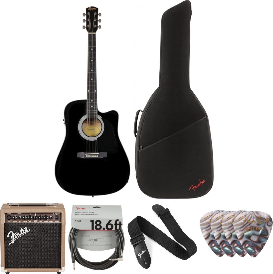 elektroakustisk guitar Fender Squier SA-105CE Black Deluxe SET Sort