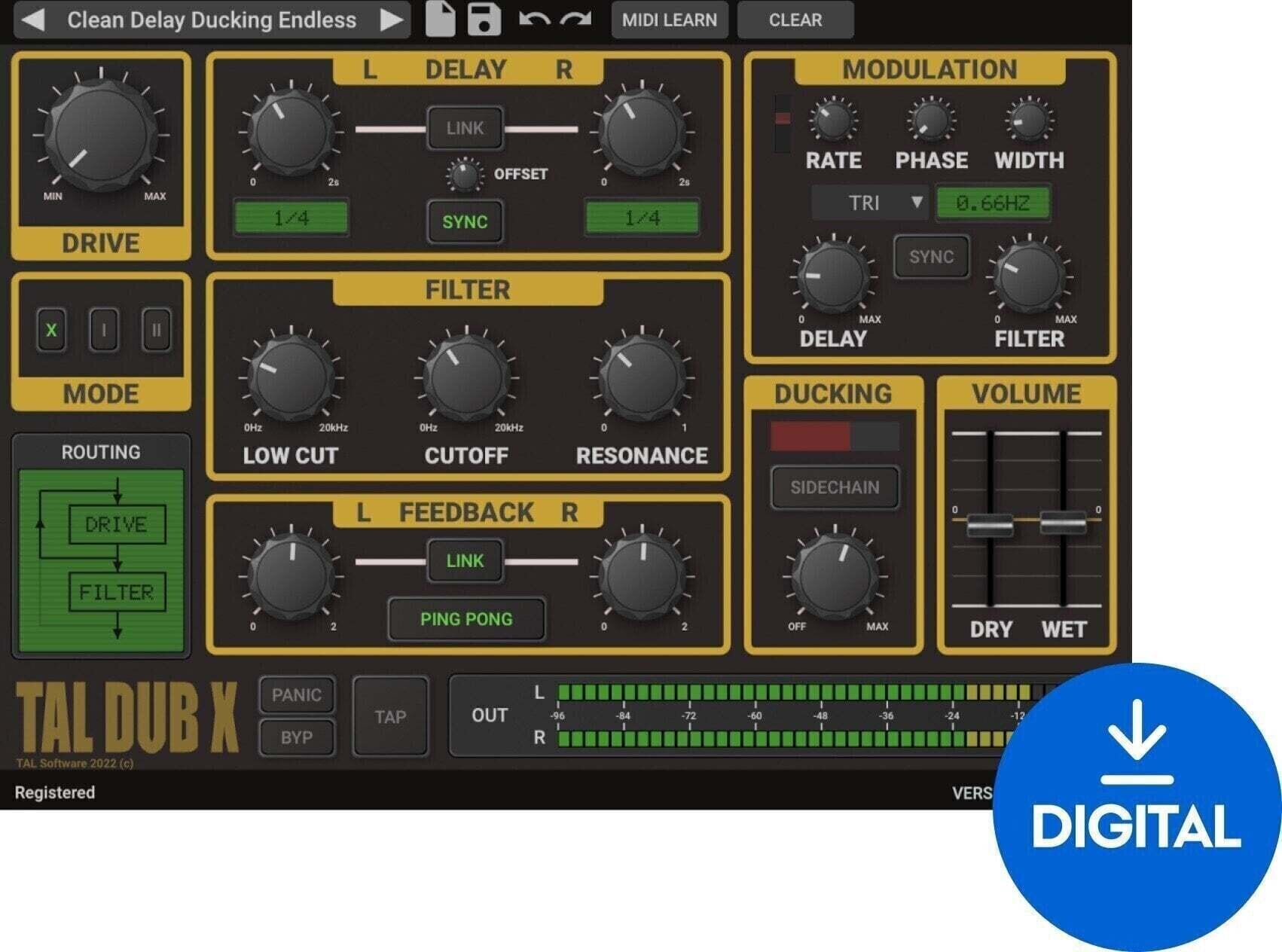 Procesador de efectos de complemento de software TAL SOFTWARE Dub-X Delay (Producto digital)