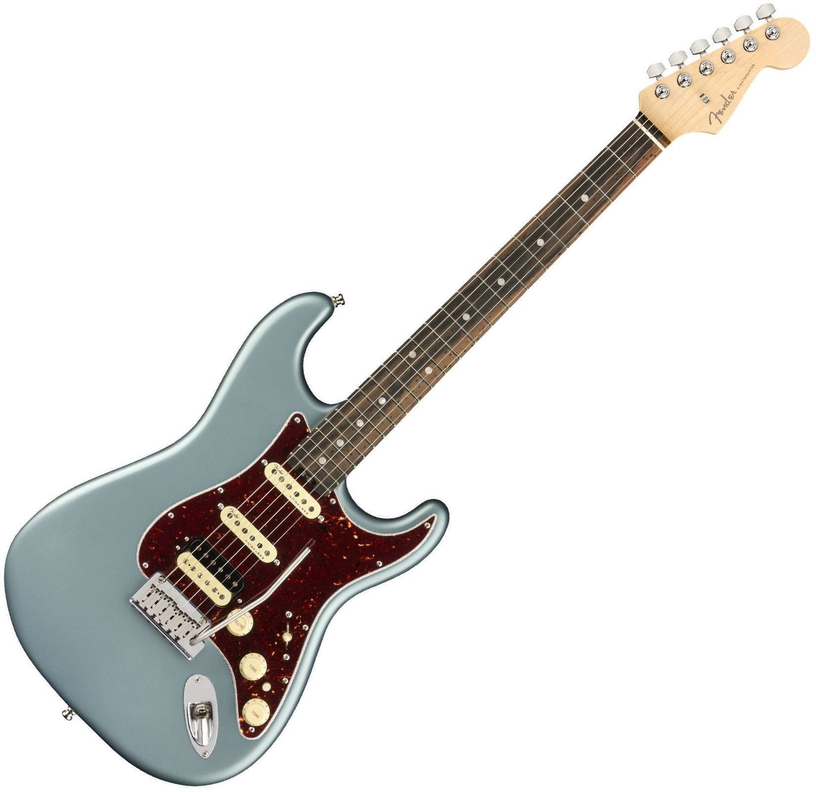 Electric guitar Fender American Elite Stratocaster HSS ShawBucker Ebony Satin Ice Blue Metallic