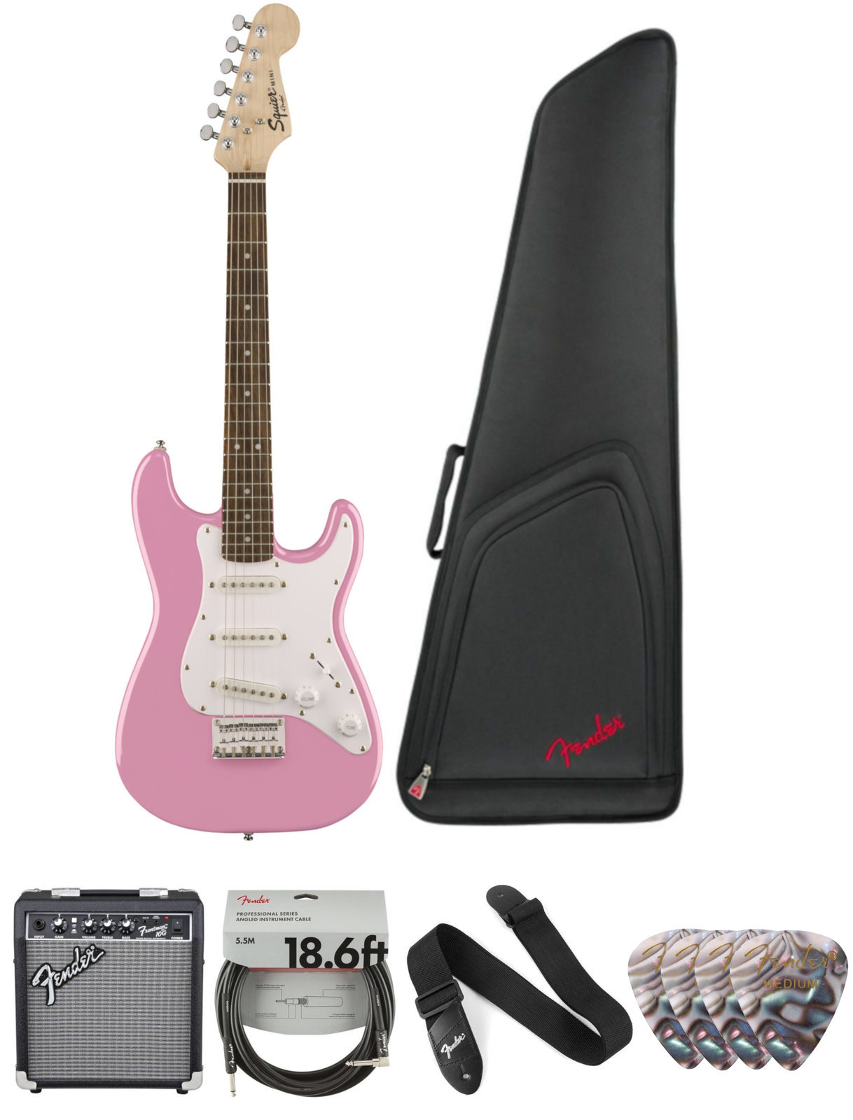 Elektrická gitara Fender Squier Mini Strat V2 IL Pink Deluxe SET Ružová