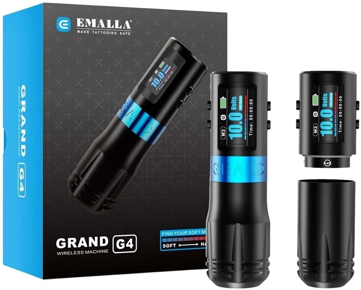 Aparate de tatuat fără fir Emalla Grand G4 Mașină de tatuaj wireless 4,2 mm Black/Blue