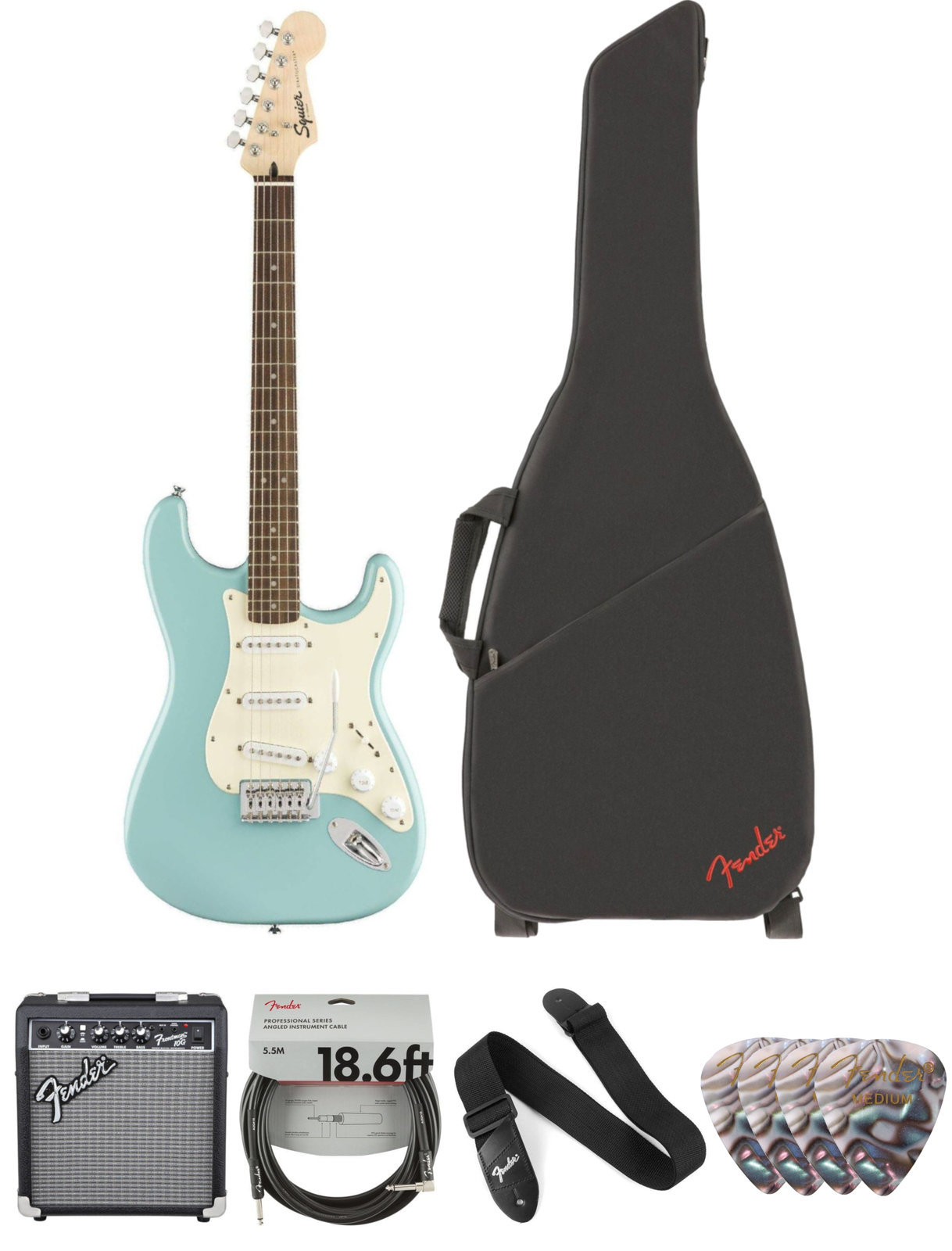 E-Gitarre Fender Squier Bullet Stratocaster Tremolo IL Tropical Turquoise Deluxe SET Tropical Turquoise