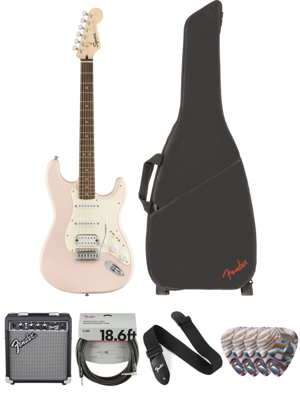 Elektrická gitara Fender Squier Bullet Stratocaster Tremolo HSS IL Shell Pink Deluxe SET Shell Pink