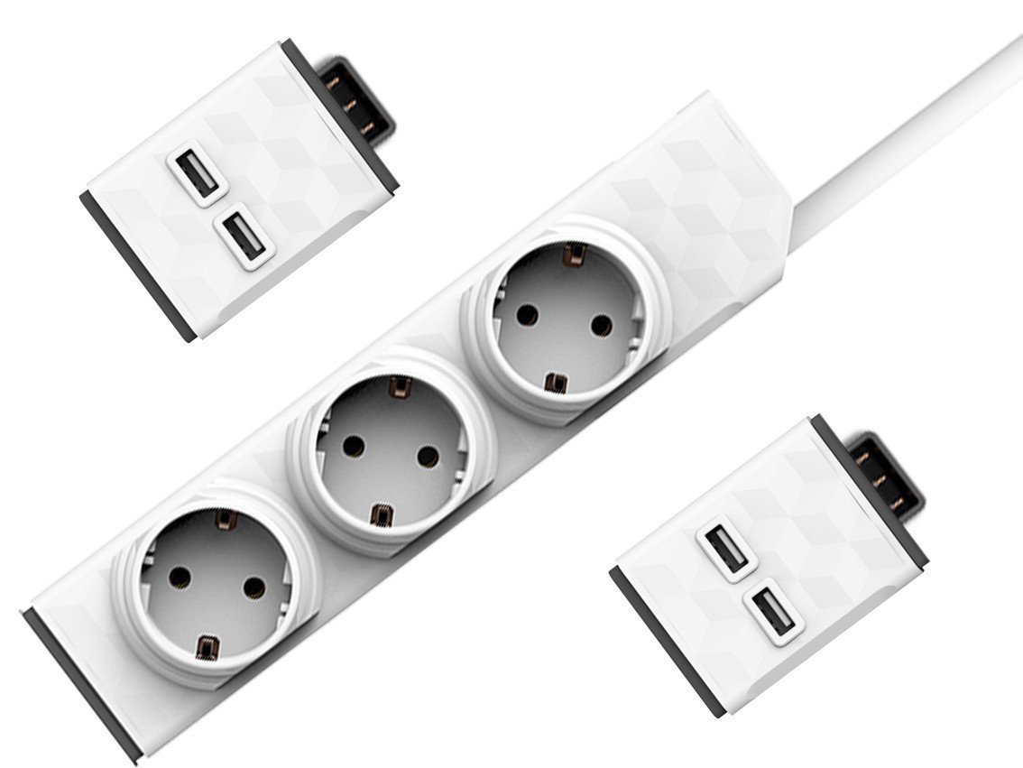 Cabo de alimentação PowerCube Modular Switch + 2xUSB Branco 150 cm Branco