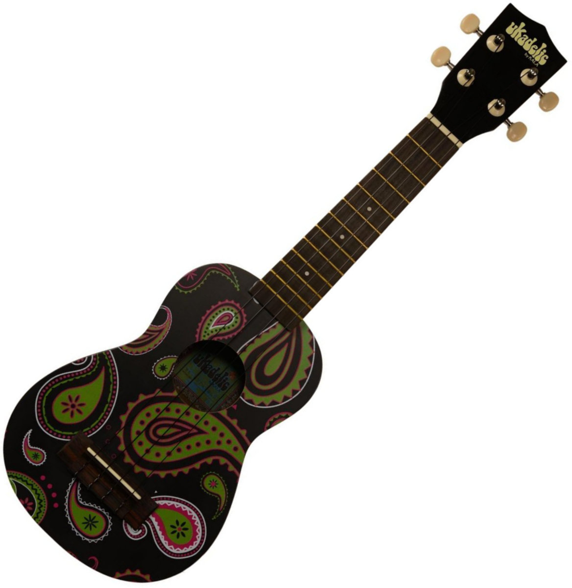 Sopránové ukulele Kala Ukadelic Soprano Bright Pink and Green Paisleys on Black