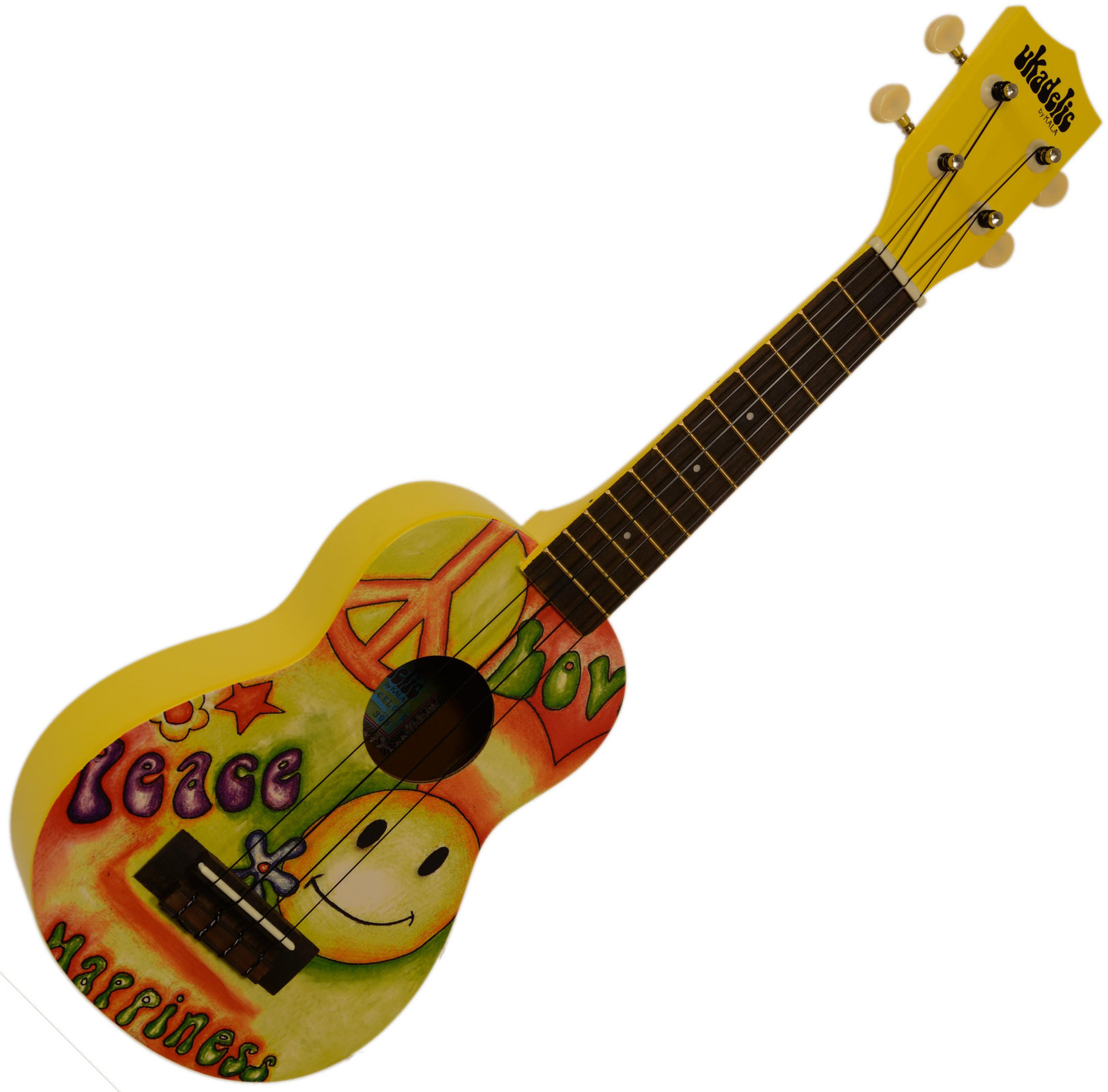 Szoprán ukulele Kala Ukadelic Soprano Original Art Yellow Peace and Love