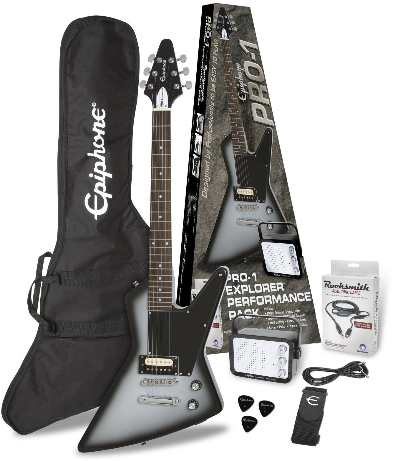Electric guitar Epiphone PRO-1 Explorer Performance Pack Silver Burst