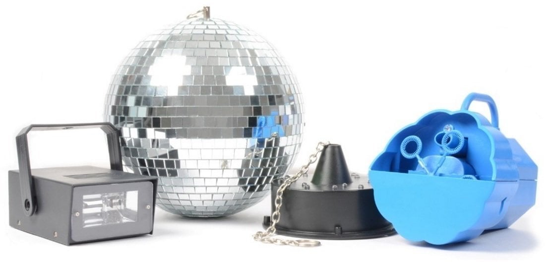 Seifenblasen Maschine BeamZ Disco Set: Bubble Machine, LED Strobo, Mirror Ball 20cm
