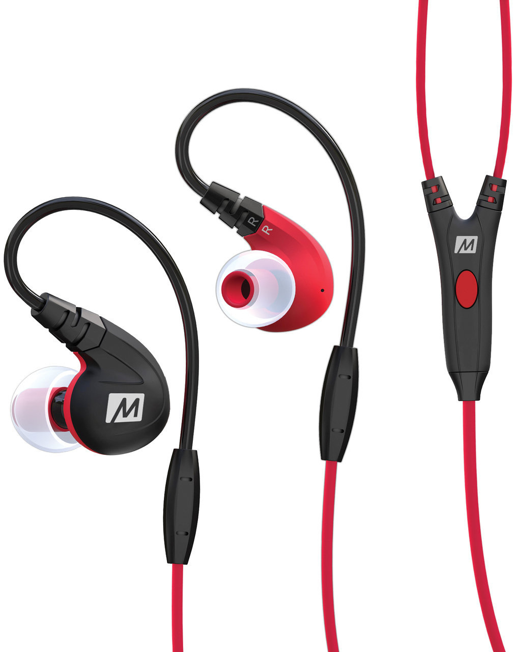 En la oreja los auriculares MEE audio M7P Secure-Fit Sports In-Ear Headphones with Mic Red