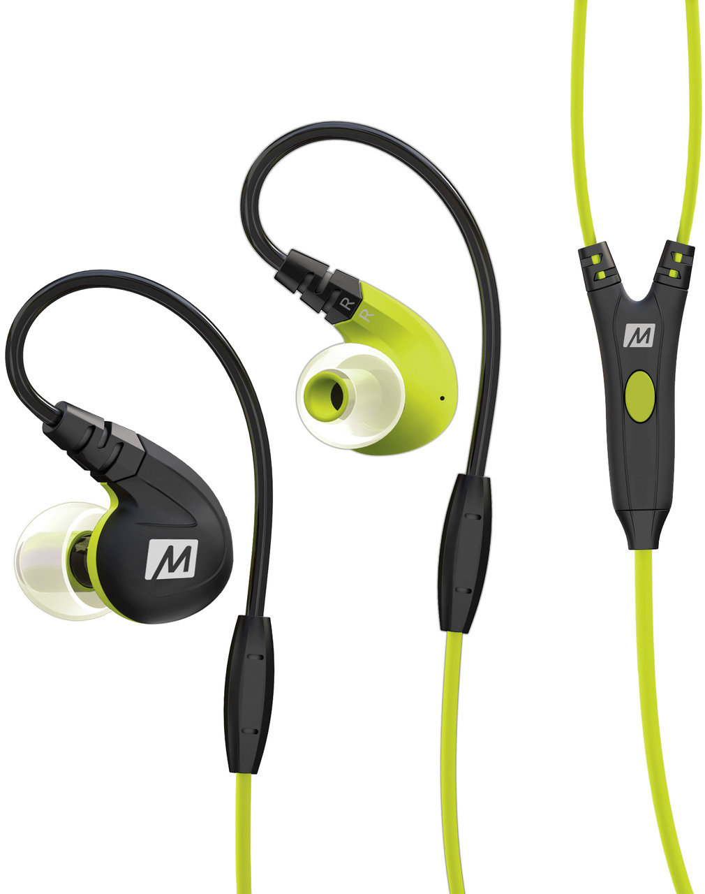 En la oreja los auriculares MEE audio M7P Secure-Fit Sports In-Ear Headphones with Mic Green