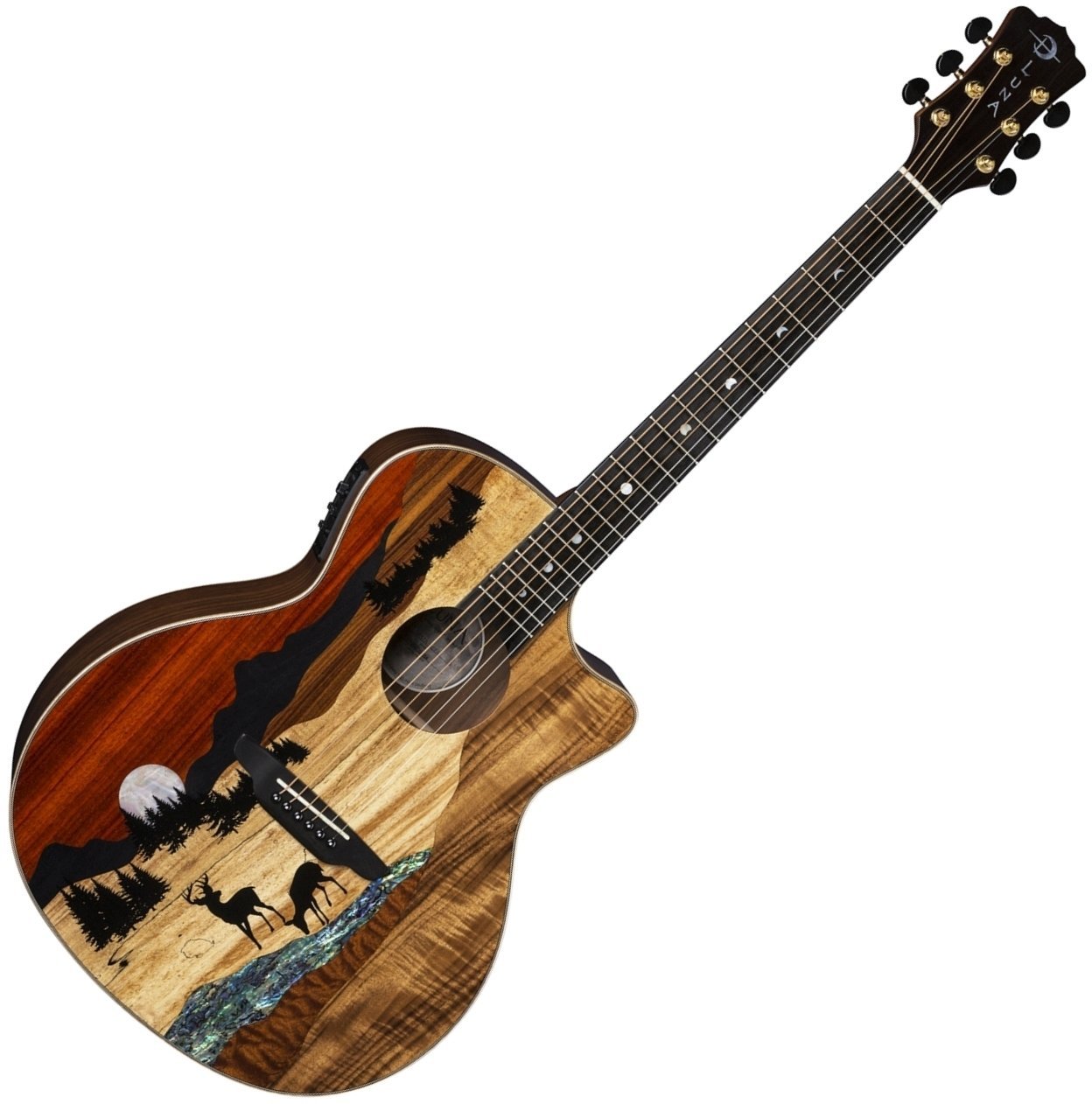 elektroakustisk guitar Luna Vista Deer Tropical Wood Deer motif on exotic marquetry