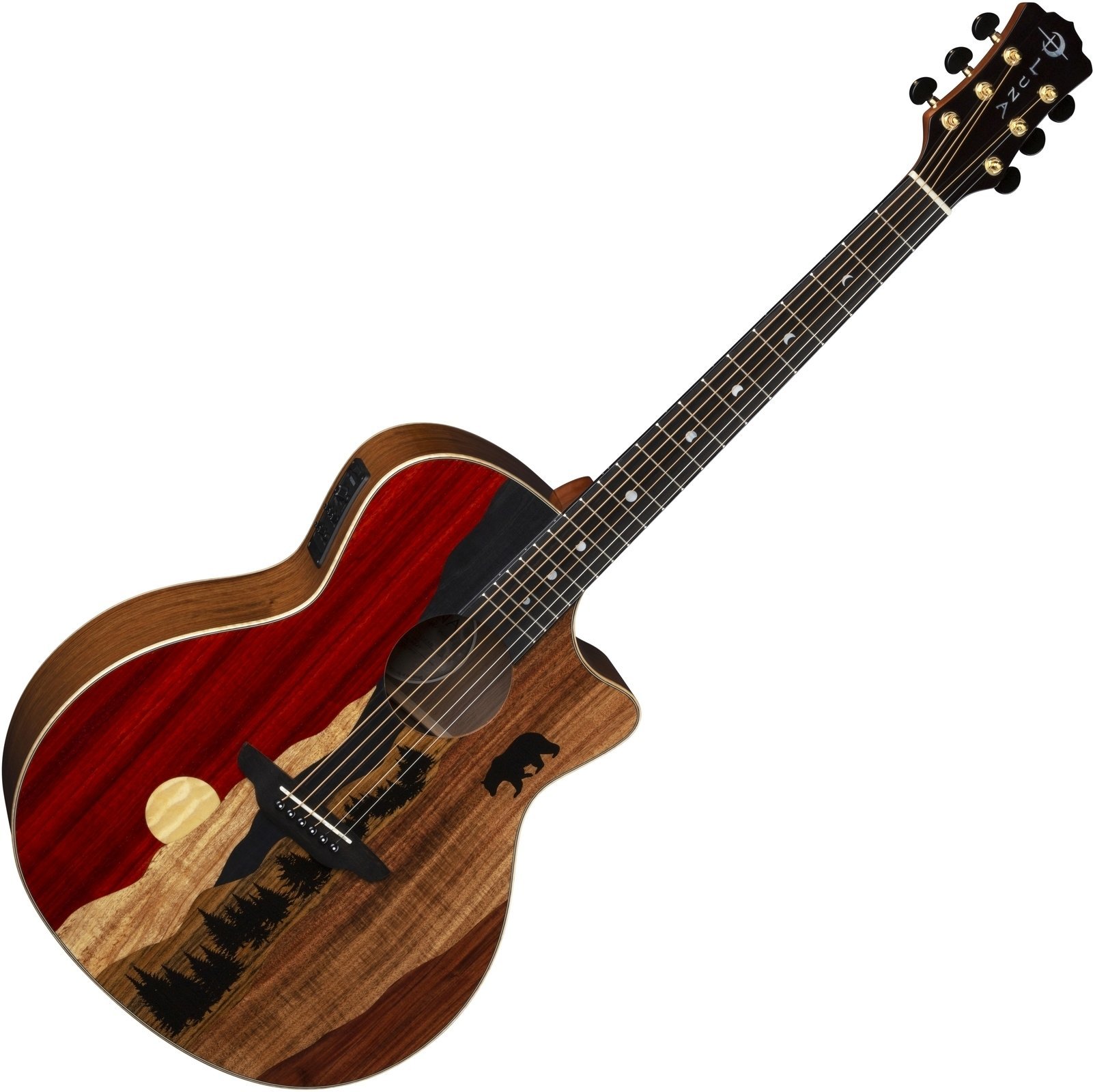 elektroakustisk gitarr Luna Vista Bear Tropical Wood Bear motif on exotic marquetry