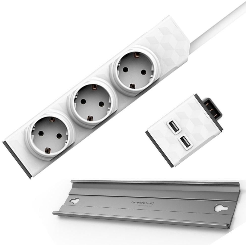 Strømkabel PowerCube PowerStrip Modular Switch 1,5m + USB modul + PowerStrip Rail Hvid 1,5 m