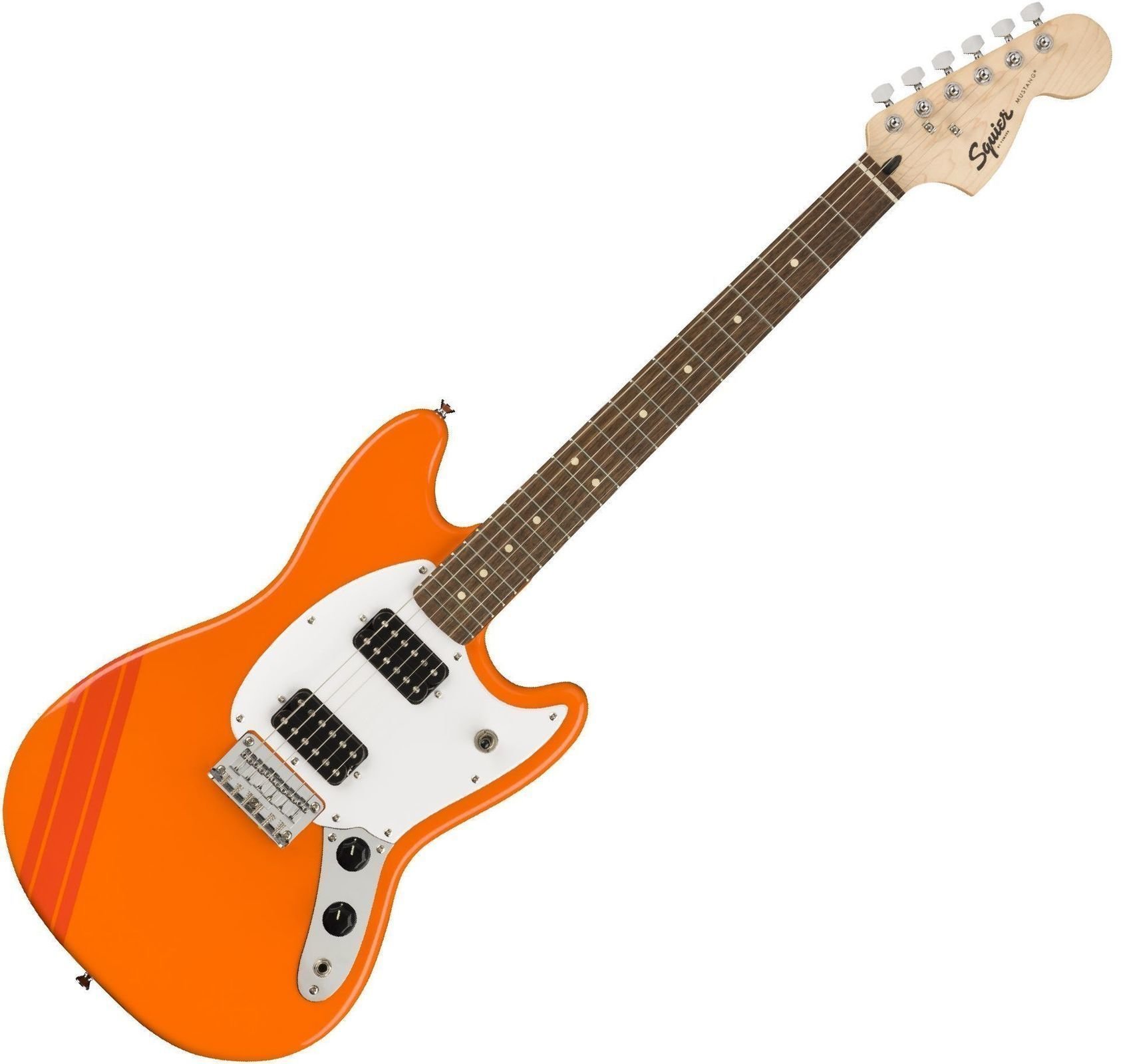 Elektrische gitaar Fender Squier FSR Bullet Competition Mustang HH IL Competition Orange with Fiesta Red Stripes