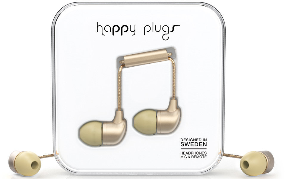 En la oreja los auriculares Happy Plugs In-Ear Champagne Matte Deluxe Edition