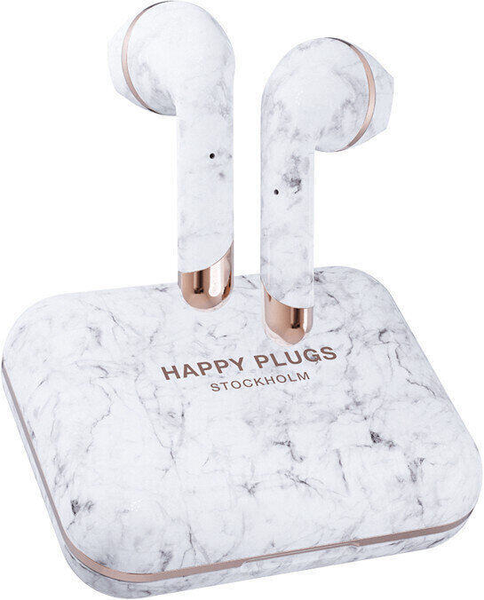True trådlös in-ear Happy Plugs Air 1 Plus Earbud White Marble