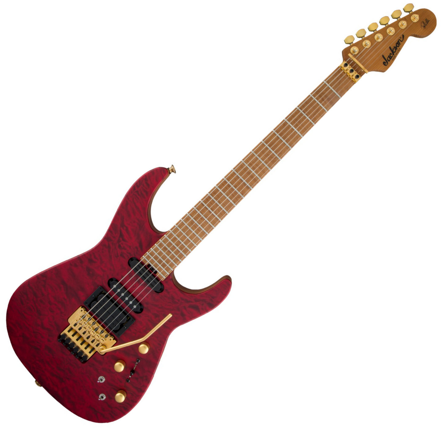 Guitare électrique Jackson USA Phil Collen PC1 Satin Flame MN Transparent Red