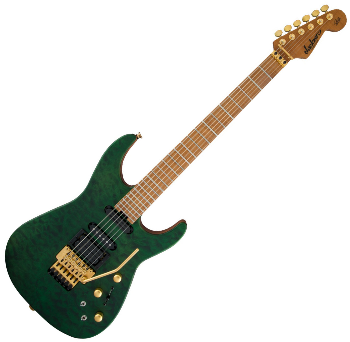 Guitare électrique Jackson USA Phil Collen PC1 Satin Flame MN Satin Transparent Green