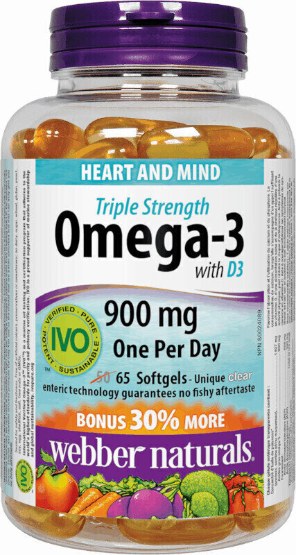 Ácidos grasos omega-3 Webber Naturals Omega-3 Triple Strength + D3 65 Capsules Ácidos grasos omega-3