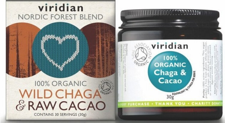 Funkcionális ételek Viridian Wild Chaga & Raw Cacao 30 g Funkcionális ételek