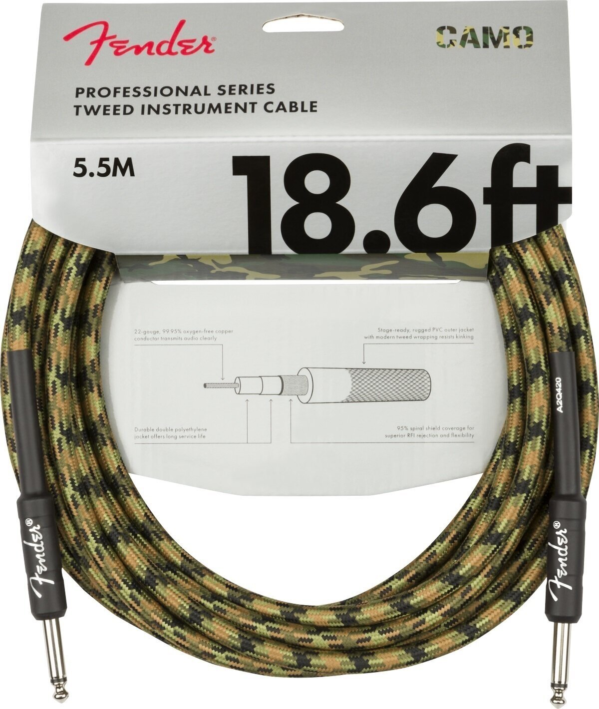 Nástrojový kabel Fender Professional Series Hnědá-Zelená-Žlutá 5,5 m Rovný - Rovný