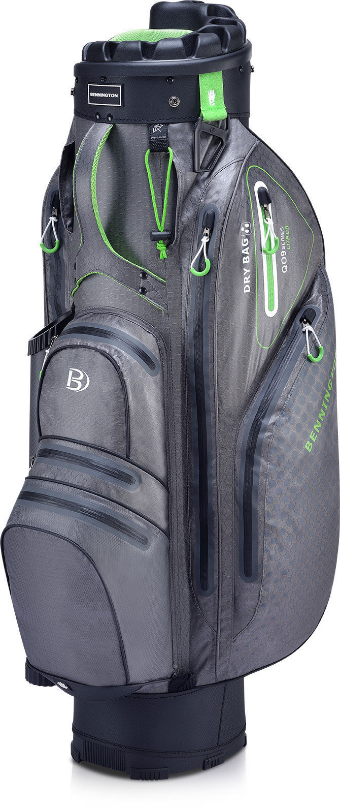 Geanta pentru golf Bennington QO 9 Lite Waterproof Canon Grey/Laser Green Cart Bag