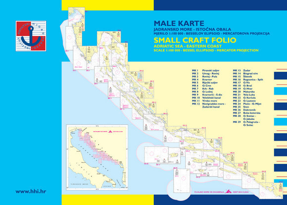 Nautisk pilotbog, nautisk søkort HHI Male Karte Jadransko More/Small Craft Folio Adriatic Sea Eastern Coast