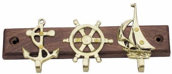 Nautical Keyring Sea-Club Keyholder with anchor - wheel & sailbrass on wood