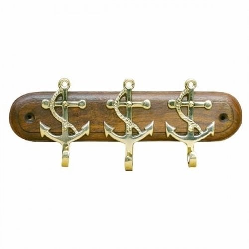 Nautische Schlüsselanhänger Sea-Club Keyholder 3 anchors - brass on wooden plate